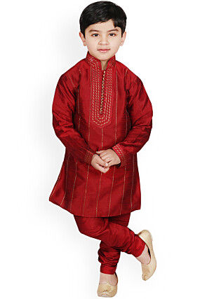 Embroidered Dupion Silk Kurta Set in Maroon