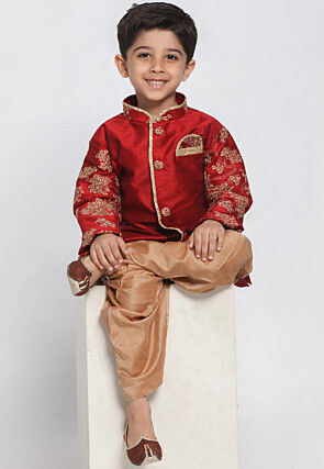 Embroidered Dupion Silk Kurta Set in Maroon