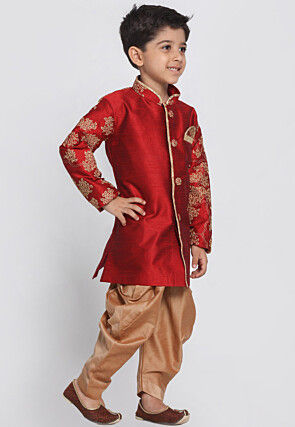 Embroidered Dupion Silk Kurta Set in Maroon