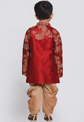 Embroidered Dupion Silk Kurta Set in Maroon