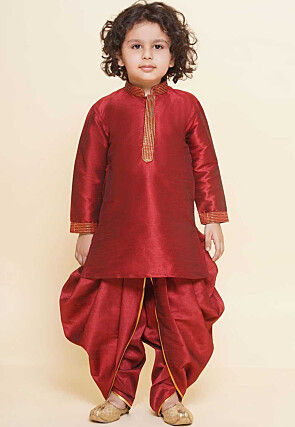 Embroidered Dupion Silk Kurta Set in Maroon