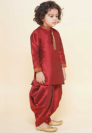 Embroidered Dupion Silk Kurta Set in Maroon