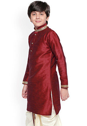 Embroidered Dupion Silk Kurta Set in Maroon