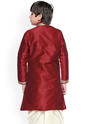 Embroidered Dupion Silk Kurta Set in Maroon