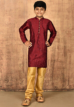 Embroidered Dupion Silk Kurta Set in Maroon