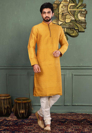 Embroidered Dupion Silk Kurta Set in Mustard