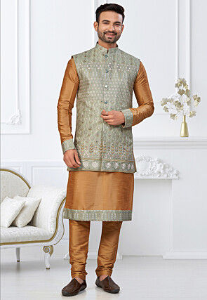 Embroidered Dupion Silk Kurta Set in Mustard