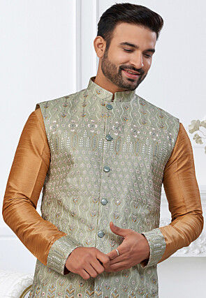 Embroidered Dupion Silk Kurta Set in Mustard
