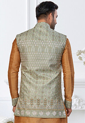 Embroidered Dupion Silk Kurta Set in Mustard