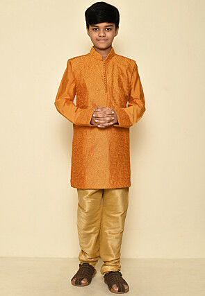 Embroidered Dupion Silk Kurta Set in Mustard