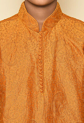 Embroidered Dupion Silk Kurta Set in Mustard