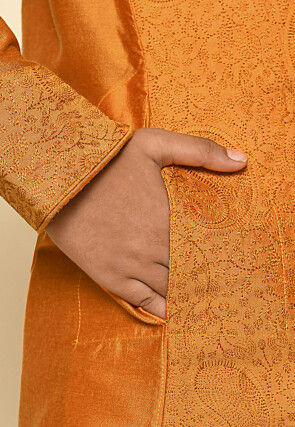 Embroidered Dupion Silk Kurta Set in Mustard