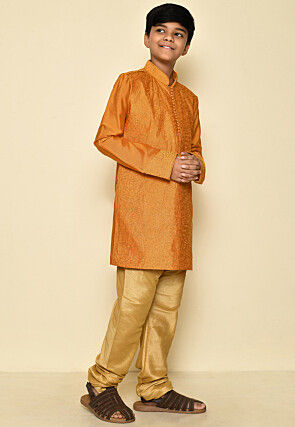 Embroidered Dupion Silk Kurta Set in Mustard