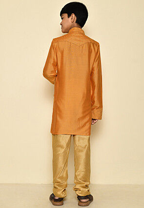 Embroidered Dupion Silk Kurta Set in Mustard