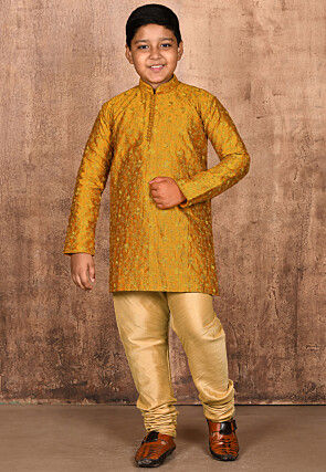 Embroidered Dupion Silk Kurta Set in Mustard