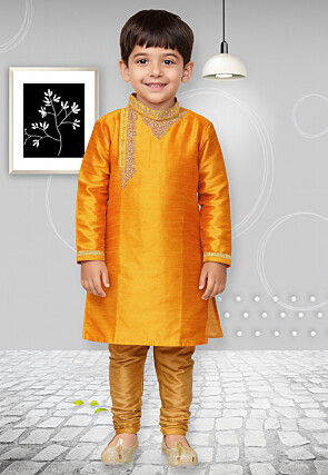 Embroidered Dupion Silk Kurta Set in Mustrad