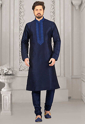Embroidered Dupion Silk Kurta Set in Navy Blue