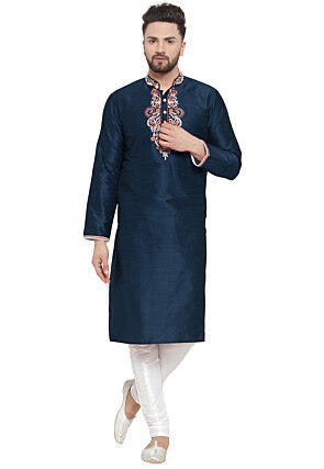 Embroidered Dupion Silk Kurta Set in Navy Blue