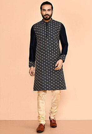 Embroidered Dupion Silk Kurta Set in Navy Blue