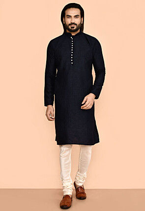 Embroidered Dupion Silk Kurta Set in Navy Blue