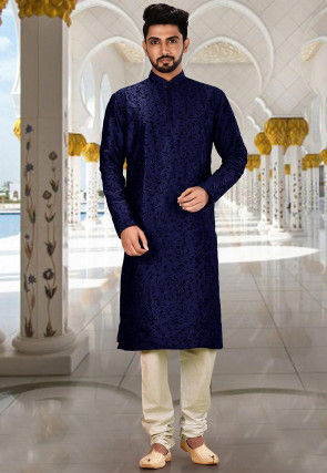 Embroidered Dupion Silk Kurta Set in 