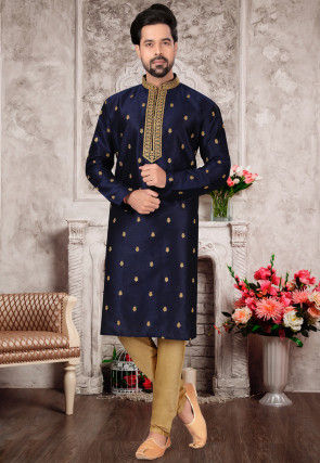 Embroidered Dupion Silk Kurta Set in Navy Blue