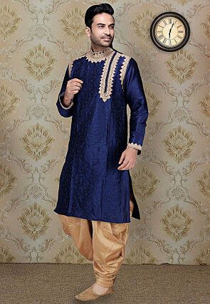 Embroidered Dupion Silk Kurta Set in Navy Blue