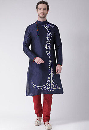 Embroidered Dupion Silk Kurta Set in Navy Blue