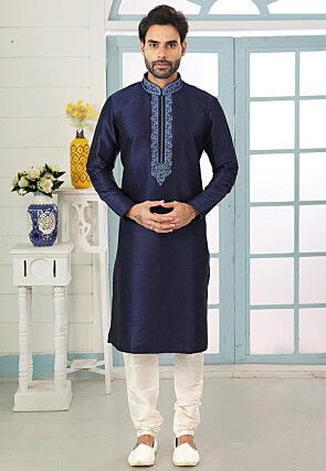 Embroidered Dupion Silk Kurta Set in Navy Blue