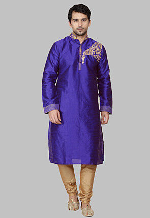 Embroidered Dupion Silk Kurta Set in Navy Blue