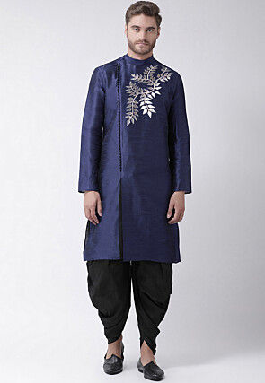 Embroidered Dupion Silk Kurta Set in Navy Blue