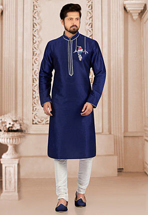 Embroidered Dupion Silk Kurta Set in Navy Blue
