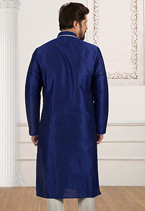 Embroidered Dupion Silk Kurta Set in Navy Blue