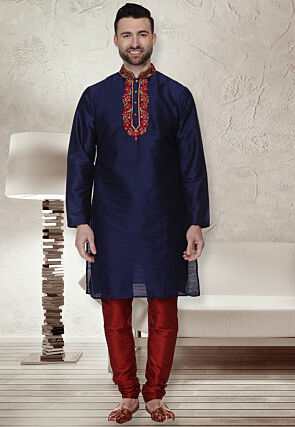 Embroidered Dupion Silk Kurta Set in Navy Blue