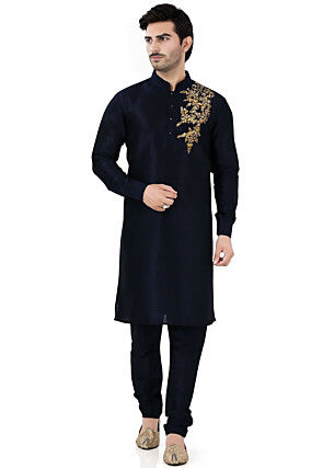 Embroidered Dupion Silk Kurta Set in Navy Blue