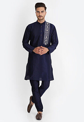 Embroidered Dupion Silk Kurta Set in Navy Blue