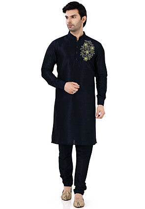 Embroidered Dupion Silk Kurta Set in Navy Blue