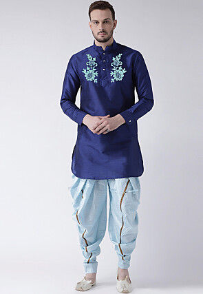Embroidered Dupion Silk Short Kurta Set in Navy Blue