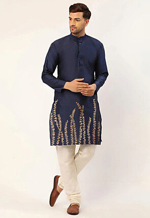 Embroidered Dupion Silk Kurta Set in Navy Blue