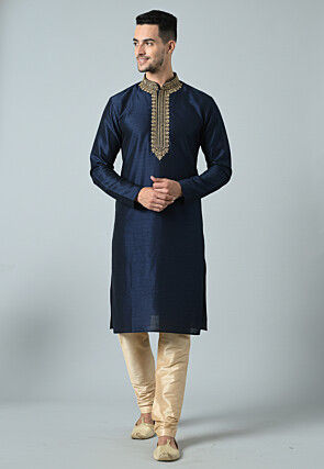 Embroidered Dupion Silk Kurta Set in Navy Blue