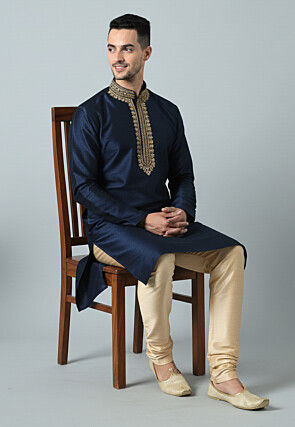 Embroidered Dupion Silk Kurta Set in Navy Blue