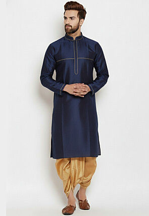 Contrast Trim Dupion Silk Kurta Set in Navy Blue