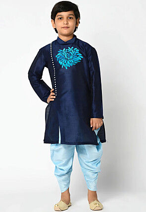 Embroidered Dupion Silk Kurta Set in Navy Blue