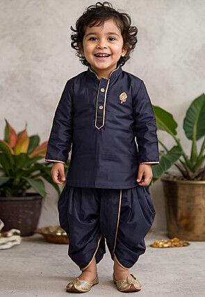 Embroidered Dupion Silk Kurta Set in Navy Blue