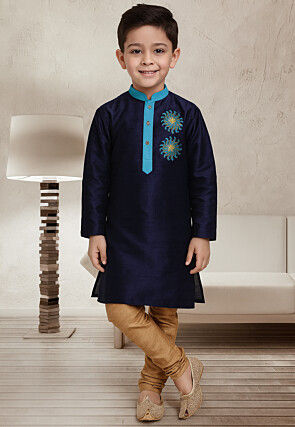 Embroidered Dupion Silk Kurta Set in Navy Blue