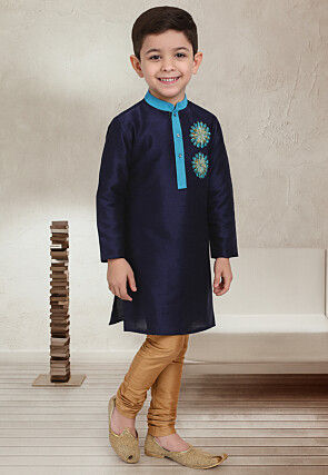 Embroidered Dupion Silk Kurta Set in Navy Blue
