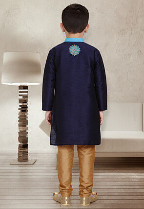 Embroidered Dupion Silk Kurta Set in Navy Blue