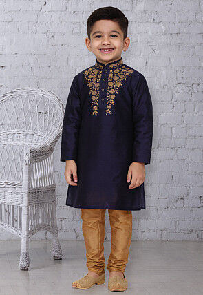 Embroidered Dupion Silk Kurta Set in Navy Blue