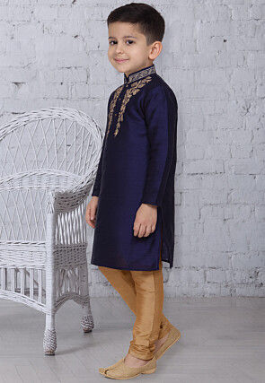 Embroidered Dupion Silk Kurta Set in Navy Blue