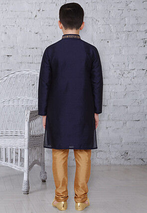 Embroidered Dupion Silk Kurta Set in Navy Blue